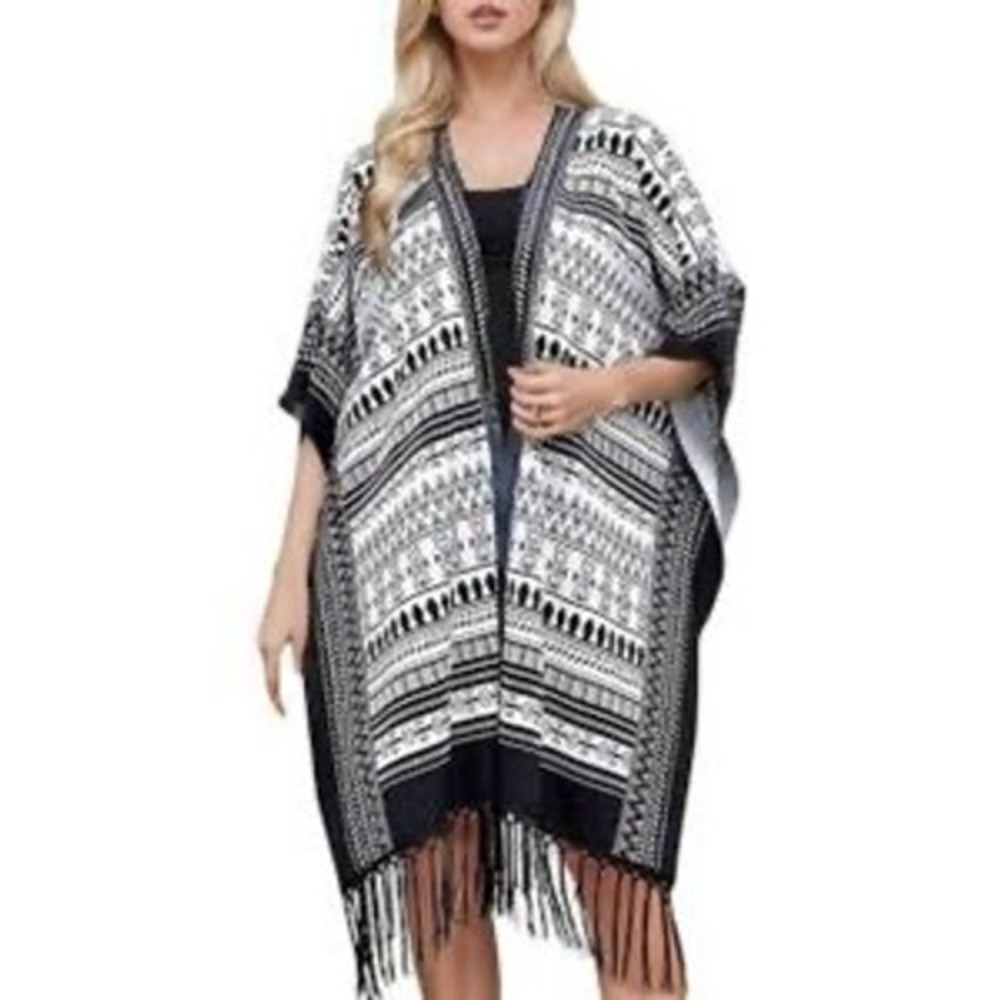 Ruggine Kimono Womens Black White Tribal Viscous Geometric Fringe Cardigan OS